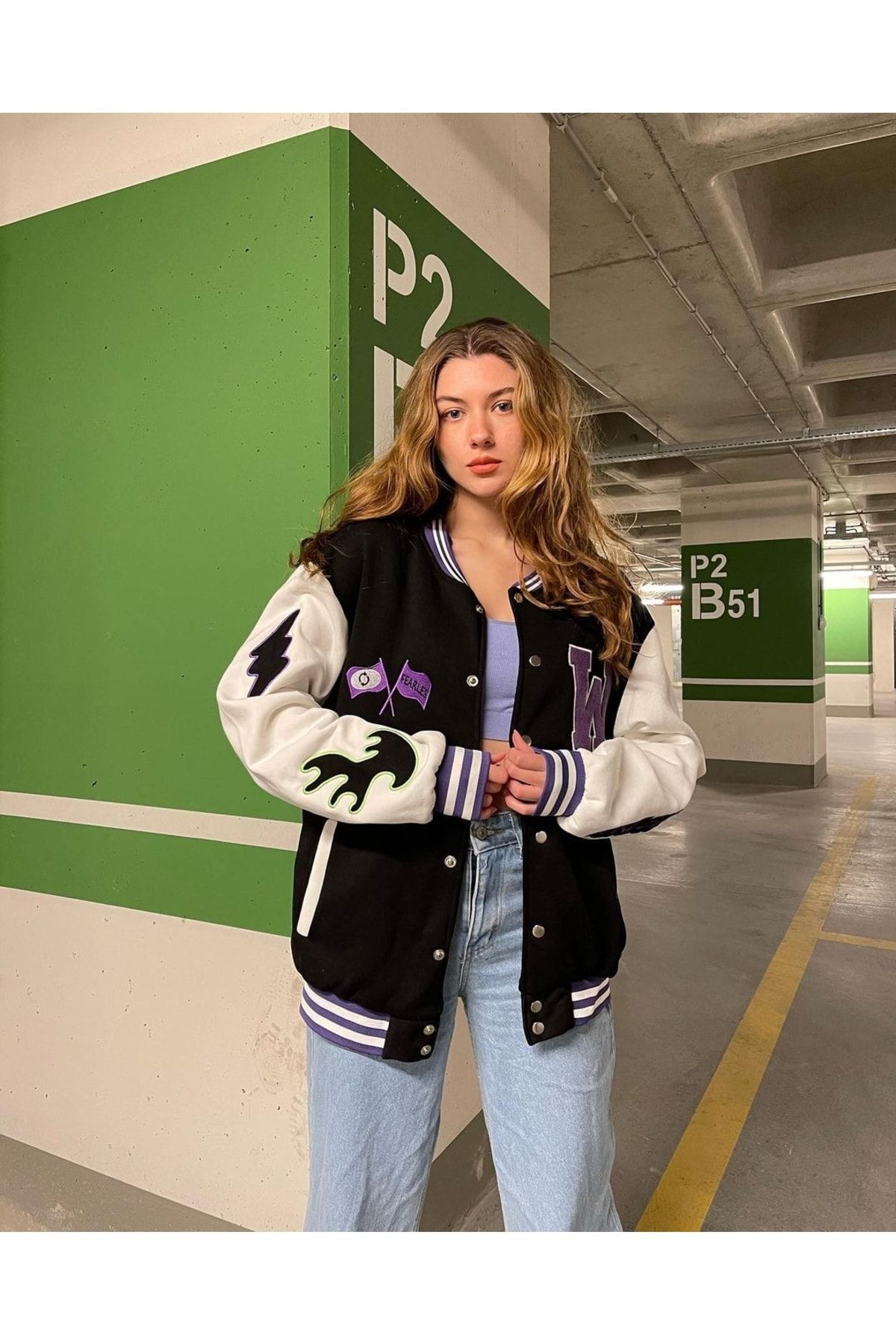 Siyah W Wild One Oversize 3 Iplik Kolej Ceket