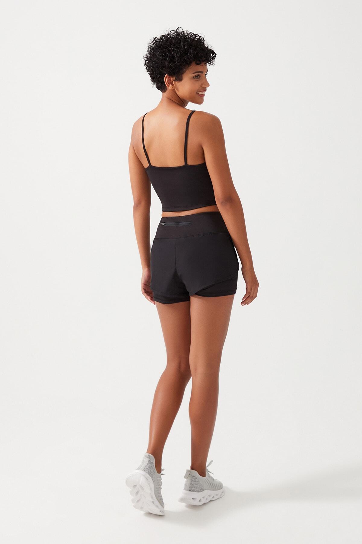 Kadın Siyah 2 Katmanlı Spor Şort - Şortlu Tayt 2in1