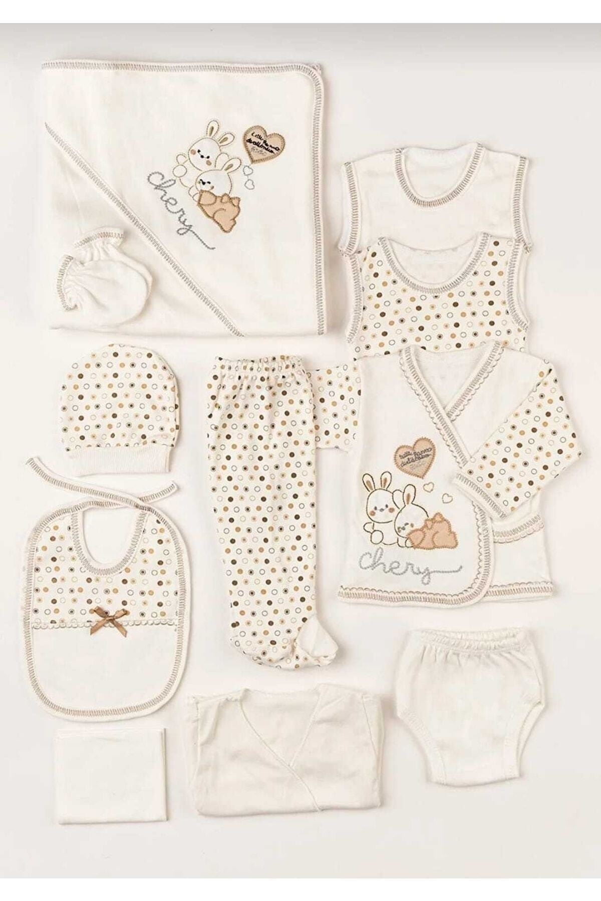 11 Parça Tavşan Nakışlı Kahverengi Hastane Çıkışı Yeni Doğan Zıbın Set