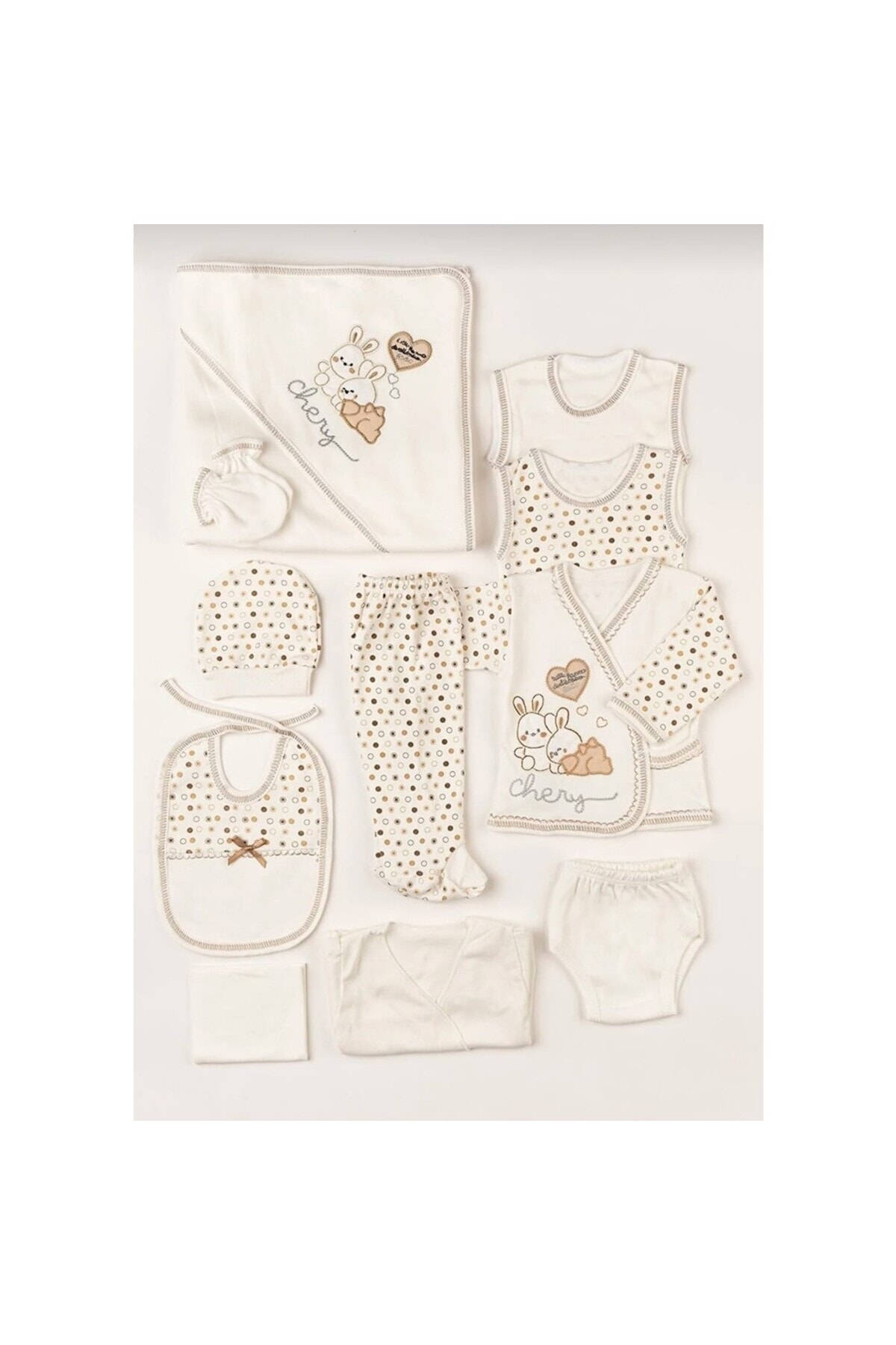 11 Parça Tavşan Nakışlı Kahverengi Hastane Çıkışı Yeni Doğan Zıbın Set