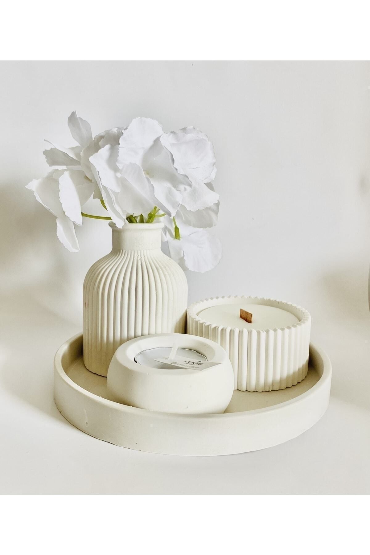 Beyaz Vazo Oval Tepsi / Kutuda Mum Ve Tealight Mumluk Dekorasyon Seti.