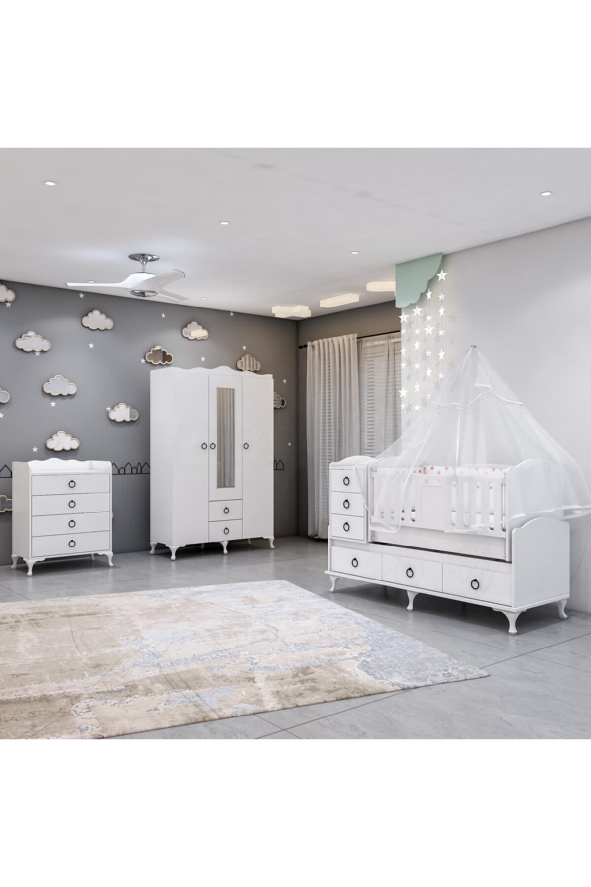 Elfin Büyünen Asansörlü Bebek Odası Takımı - Yatak Ve Uyku Seti Kombinli- Uykuseti Gri