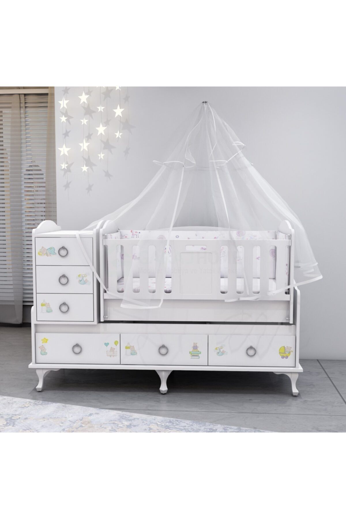 Elfin Ayıcık Asansörlü Lüks Uyku Setli Beşik Kombini- Uykuseti Beyaz