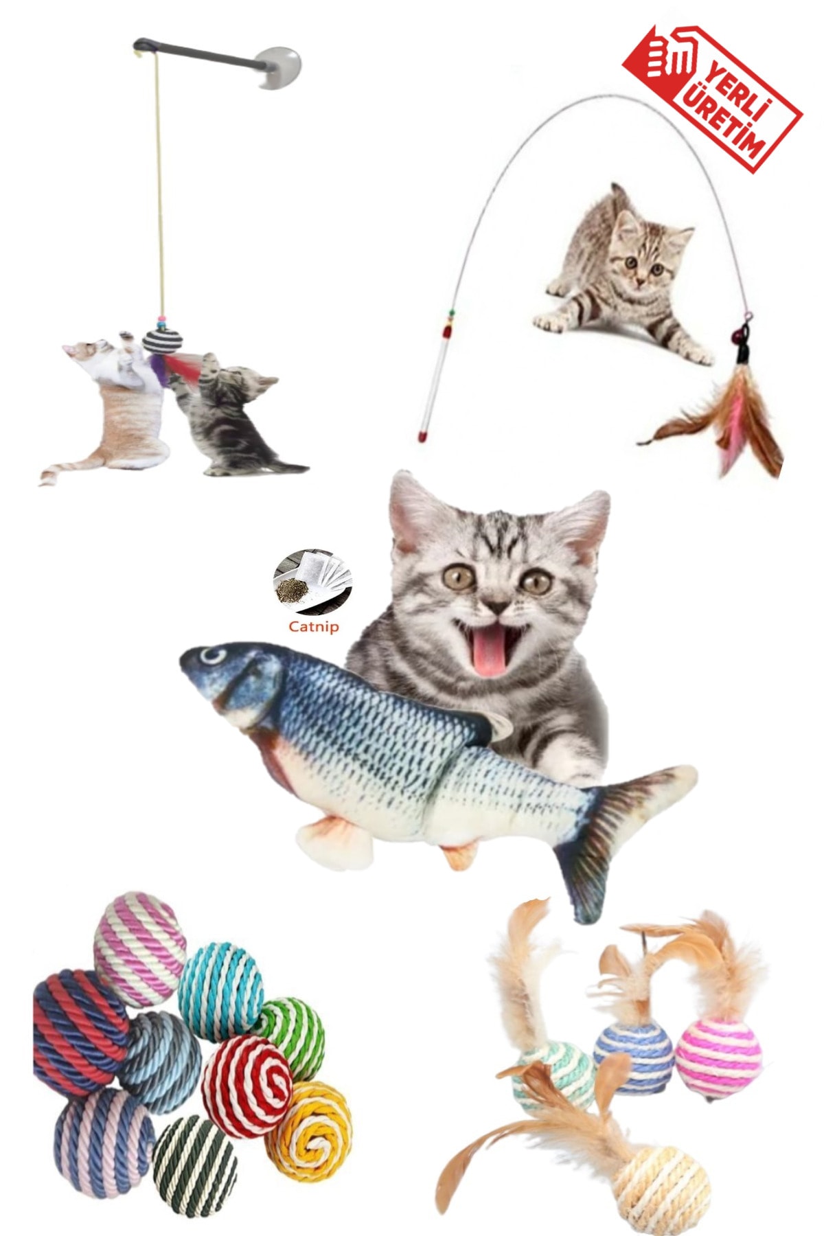 5 Li Set 1 Adet 90 Cm Olta 1adet Tüylü Top 1adet Vantuzlu Olta 1adet Ip Sarma Top 1adet Peluş Balık
